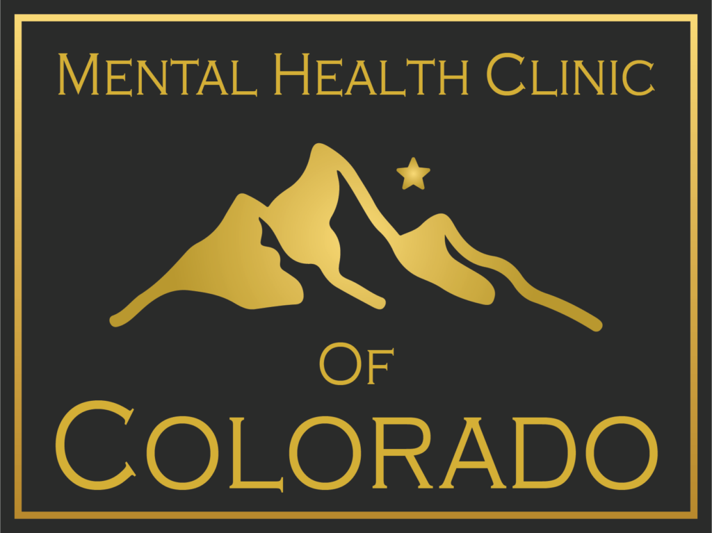 Logo of the Mental Health Clinic of Colorado featuring gold mountains and a star over Denver, with elegant gold text on a black background.